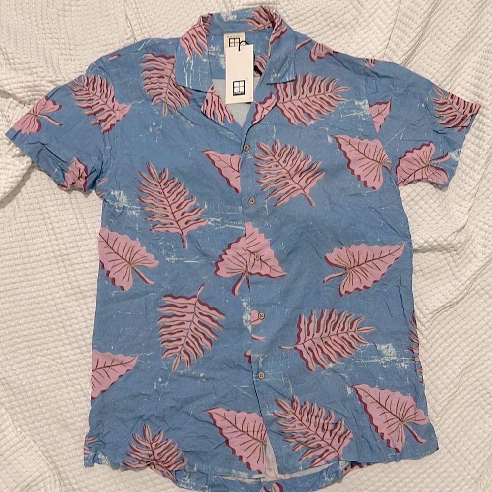 Insight Blue and Pink Leaf Print Men's Shirt